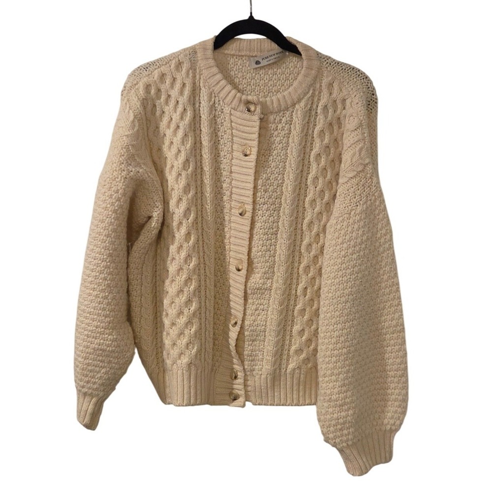 Pure New Wool Cardigan Sweater Approx L Made UK Cable Knit Cream Chunky Vintage